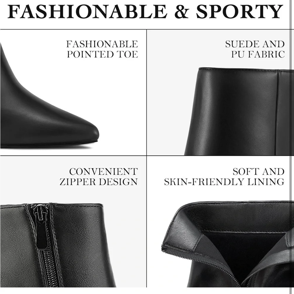 Rollda SUEDI Pointed Toe Ankle Boots Chunky High Heel Ankle Booties Side Zipper
